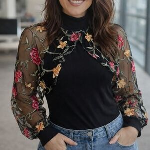 Black Top with Floral Sheer Sleeves
